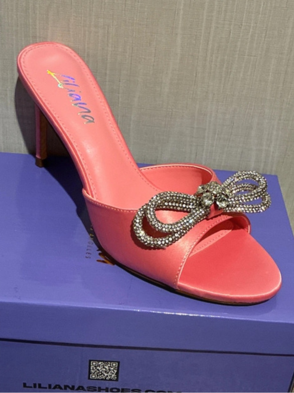 Liliana Coral Pink Crystal Bow Mule